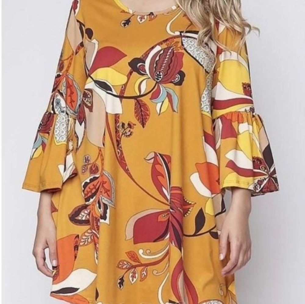 Plus Boho soft brushed floral print tunic top gold, turquoise size 2X